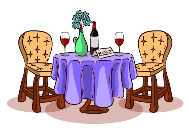 Vector romantic table for two on the table is a bottle of wine a vase of flowers glasses of wine and an icon reservedthe illustration is done in the style of sketches a little table for two for a date