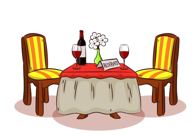 Vector romantic table for two on the table is a bottle of wine a vase of flowers glasses of wine and an icon reservedthe illustration is done in the style of sketches a little table for two for a date