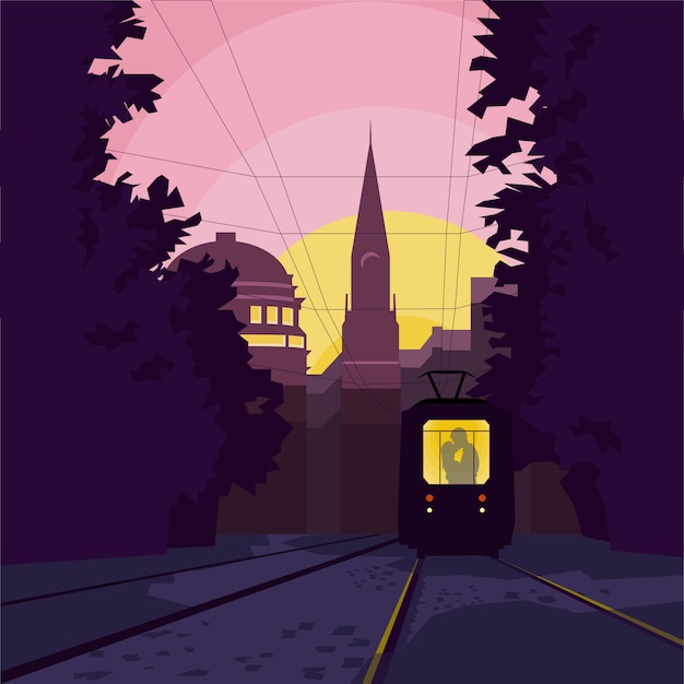 Vector romantic tram with kissing couple