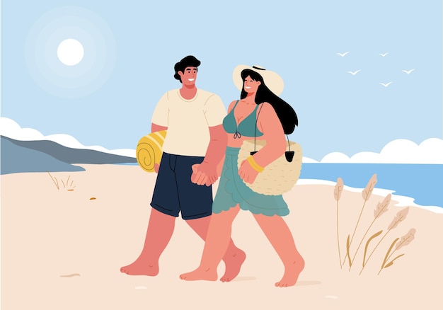 Vector romantic trip for a couple in lovewalking along the beach and holding handscouple on vacation