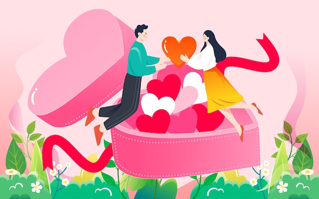 Illustrazione del regalo di san valentino romantico poster dell'evento della scatola regalo di amore del ringraziamento