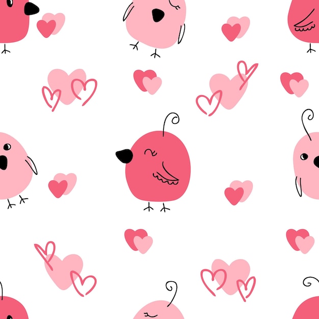 Vector romantic valentine seamless pattern with chickens and hearts for textile postcard and print