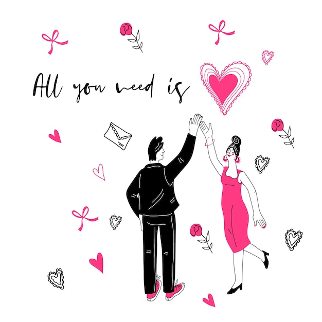 Romantic Valentines day card or poster cartoon doodle style vector illustration