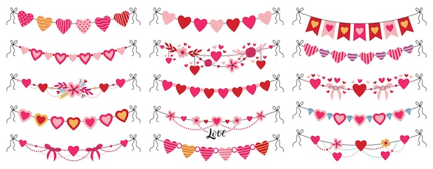 Romantic valentines day heart shaped bunting garlands. cute hanging bunting hearts, romantic greeting heart flags vector illustration set. valentines day decorations