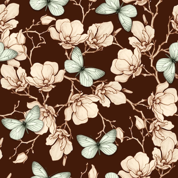 Vector romantic vintage magnolia and butterflies seamless pattern