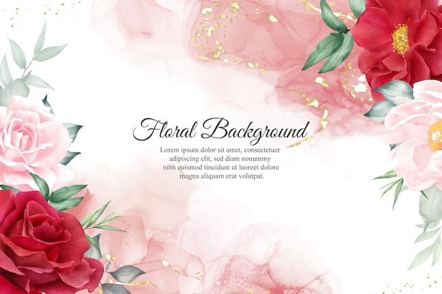 Romantic Watercolor Arrangement Flower Background Design with Maroon Floral and Leaves