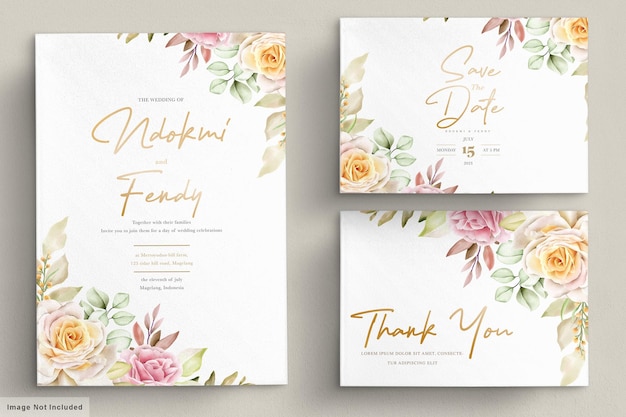 Vector romantic watercolor floral wedding card set