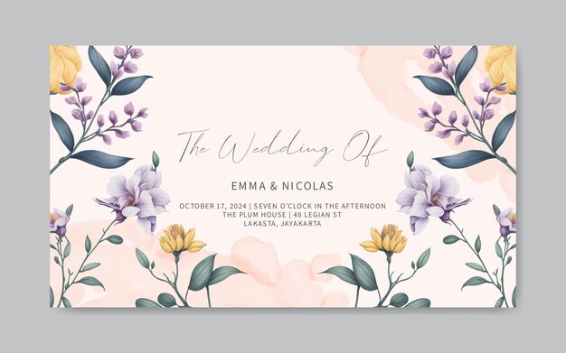 Romantic watercolor flowers wedding invitation template