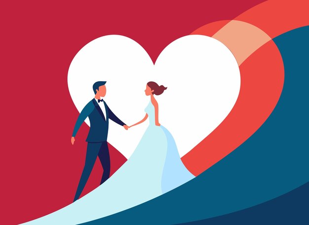 Vector romantic wedding couple illustration with heart background