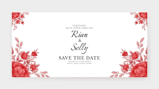 Romantic wedding invitation banner with watercolor rose red flower