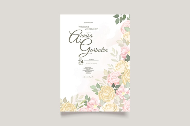 Romantic wedding invitation card template set with beautiful  floral leaves premium vector