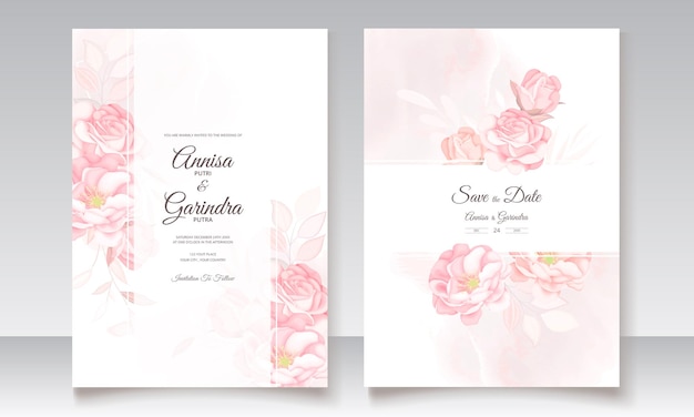 Romantic wedding invitation card template set with beautiful  floral leaves