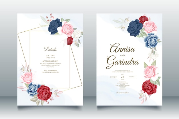 romantic Wedding invitation card template set with beautiful navy blue  floral leaves Premium Vecto