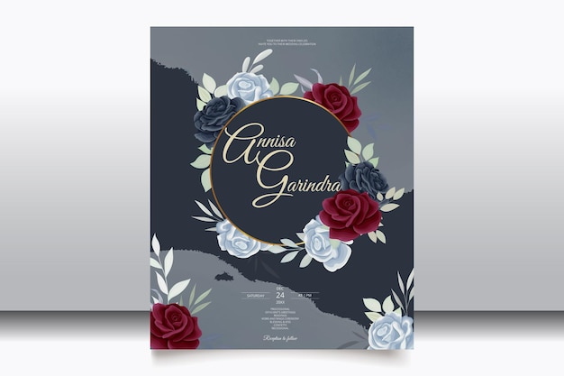 Modello di carta di invito matrimonio romantico impostato con vettore premium di foglie floreali blu navy rosse