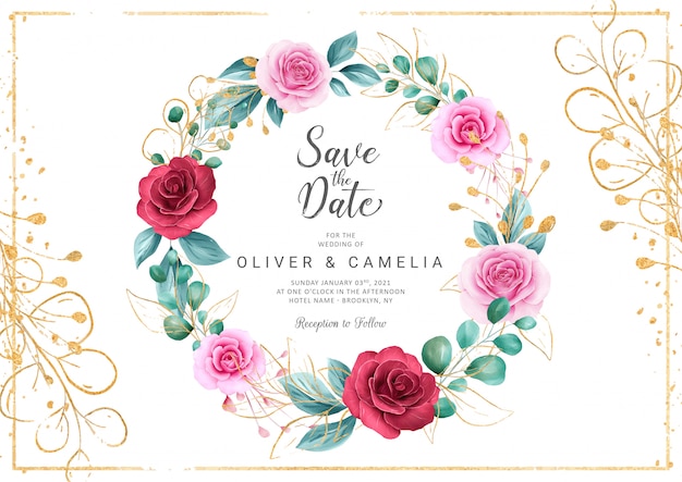 Romantic wedding invitation card template set with watercolor floral wreath and gold glitter