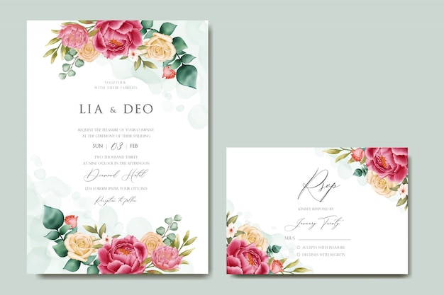 Romantic wedding invitation card template with watercolor flower frame