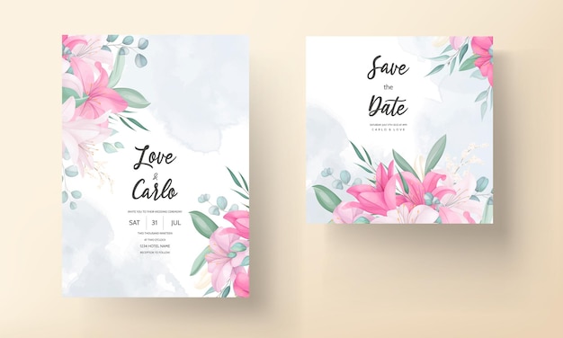 romantic wedding invitation card with beautiful lily floral and leaves