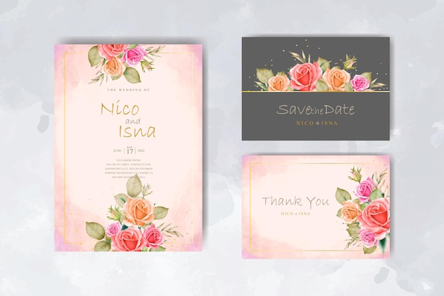 romantic wedding invitation card with beautiful roses watercolor