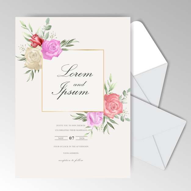 romantic wedding invitation cards template with beautiful roses