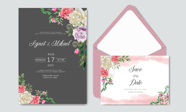 封筒と美しい花でロマンチックな結婚式の招待状