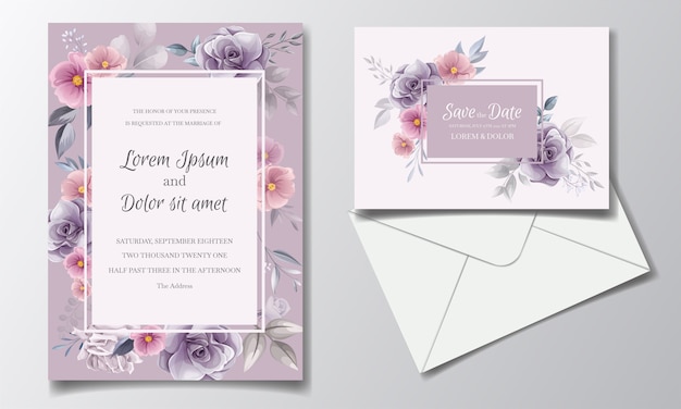 美しいバラとコスモスの花の水彩画でロマンチックな結婚式の招待状