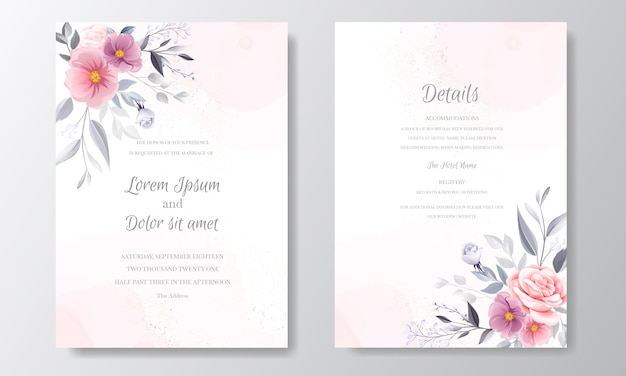 Romantic wedding invitation with beautiful rose and cosmos flower watercolor