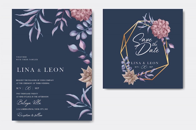 Vector romantic wedding invitation with floral ornament and gold frame