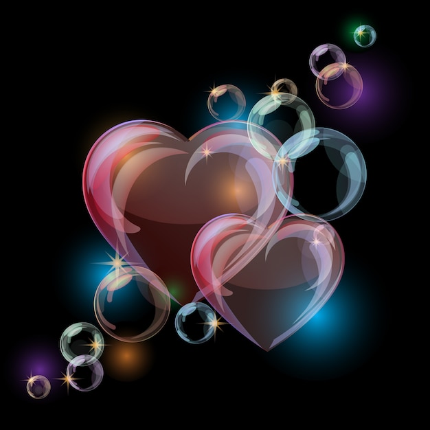 Romantic with colorful bubble hearts shapes on black.