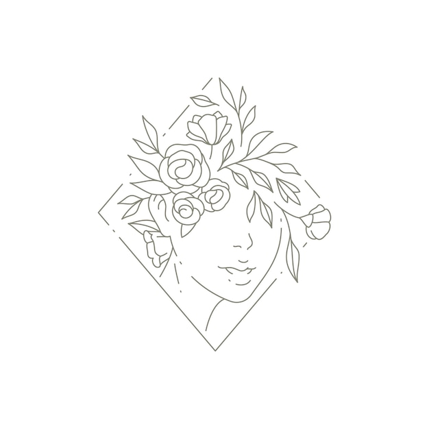 ひし形フレームアイコンベクトルイラストで頭に植物の花とロマンチックな女性の顔