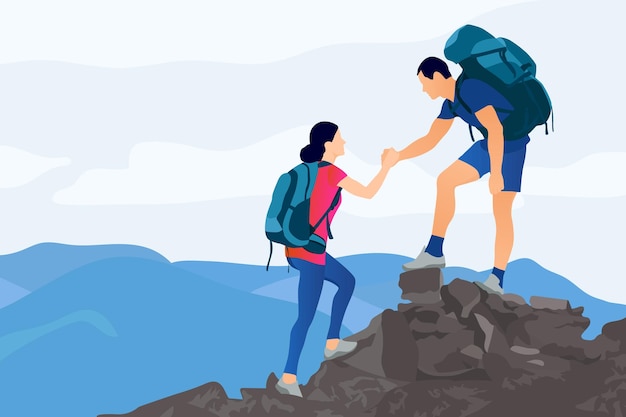 Romantic young couple climbing up mountain and  pair of hikers flat illustration vector