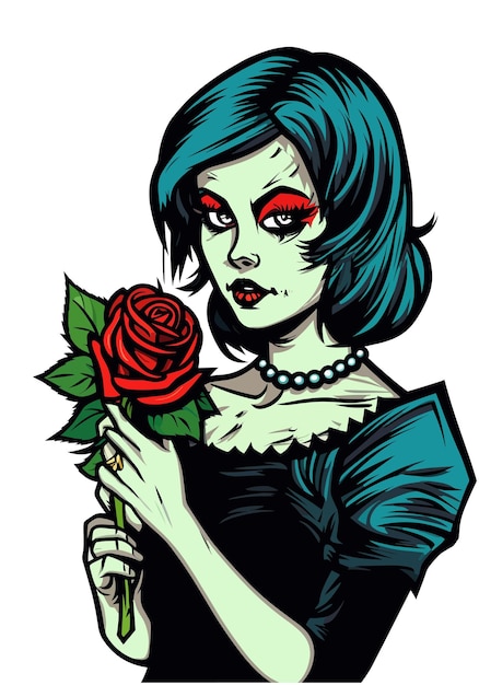 romantic zombie girl holding flower illustration