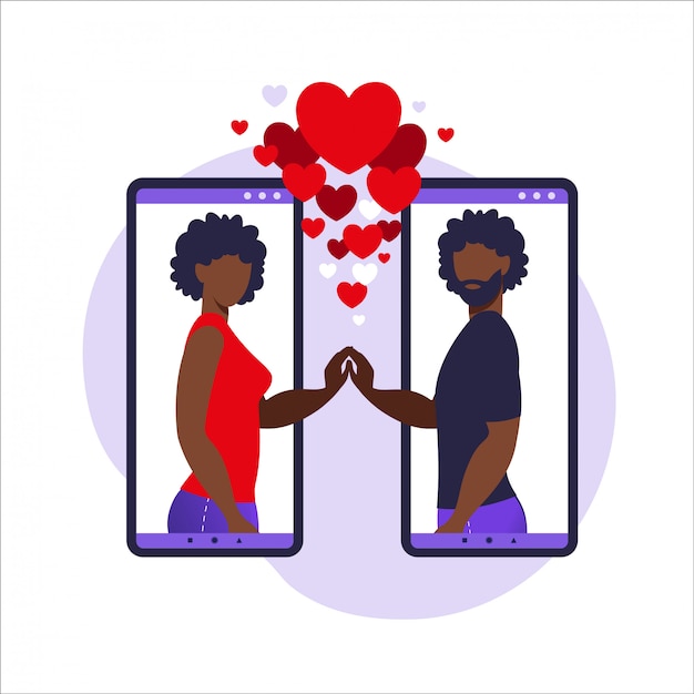 Romantiek app, virtuele relatie, communicatie, social media concept. twee smartphones met datingapp waarmee mensen liefde kunnen vinden. afrikaanse mensen. illustratie in flat.