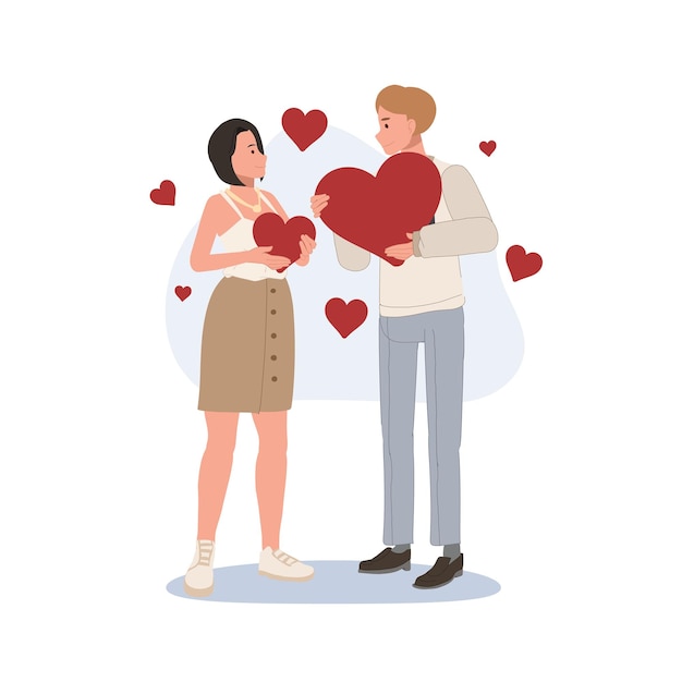 Vector romantisch concept man en vrouw verliefd jong liefdespaar met groot rood hart