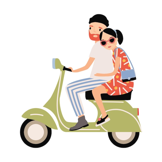 Romantisch paar gekleed in trendy kleding scooter rijden. Jonge stijlvolle man en vrouw zitten op moderne motorvoertuig geïsoleerd op een witte achtergrond. Kleurrijke vectorillustratie in platte cartoonstijl