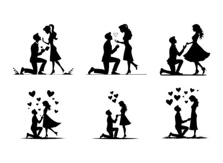 Vector romantisch silhouet van koppels die een aanzoek doen