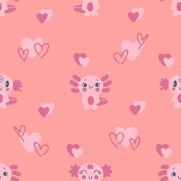 Romantisch valentijn naadloos patroon met axolotls en harten perfect voor tshirt textiel en print hand getrokken vectorillustratie voor decor en design