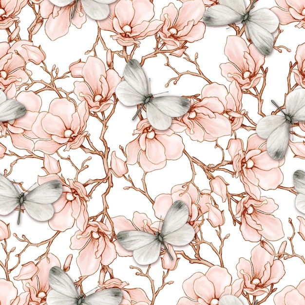 Romantisch vintage magnolia en vlinders naadloos patroon