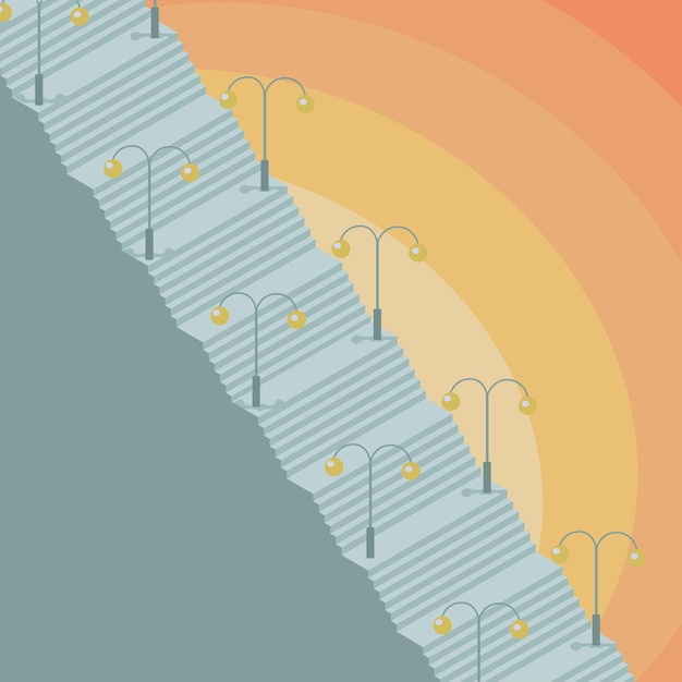 Romantische avondillustratie van buiten grijze trappen en lamplantaarns met warm licht