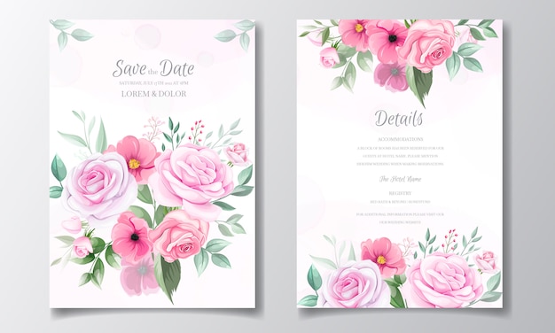 Romantische bruiloft uitnodiging kaartsjabloon ingesteld met roos, kosmos bloemen en bladeren
