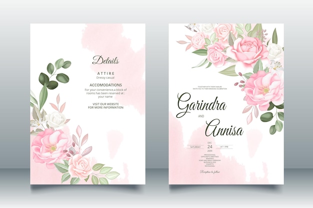 romantische bruiloft uitnodigingskaartsjabloon set met prachtige bloemenbladeren Premium Vector