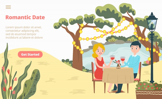 Romantische datum mooie paar landing webpagina, concept banner website sjabloon cartoon afbeelding. Het minnaar mannelijke wijfje zit restaurant.