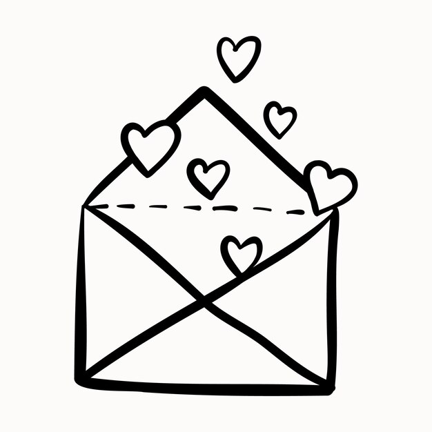 Romantische envelop met vliegende hartjes. Doodle valentijn begroetingsbrief. Zwart-wit liefdesbericht