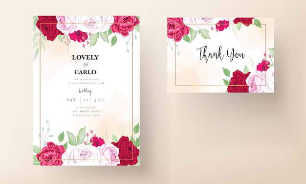 Romantische huwelijksuitnodiging met pioenroos en rozerode bloemen