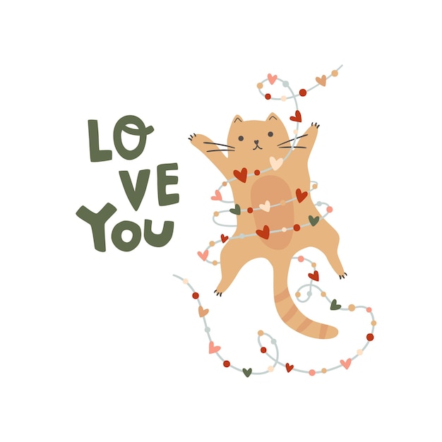 Romantische kat voor Valentijnsdag kaart met krans van harten Text love you Vector grappige kat