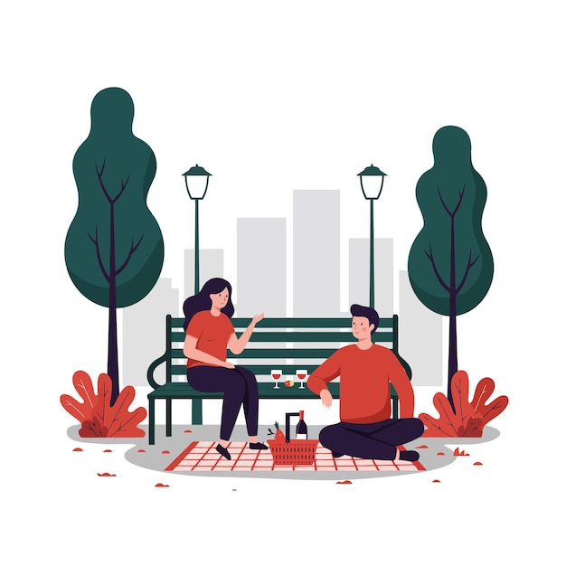 Romantische picknick in het park Een echtpaar geniet van wijn en de natuur
