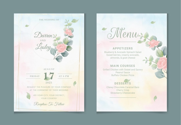 Romantische set aquarel bruiloft uitnodigingskaartsjabloon met bloemen bladeren en bloemen