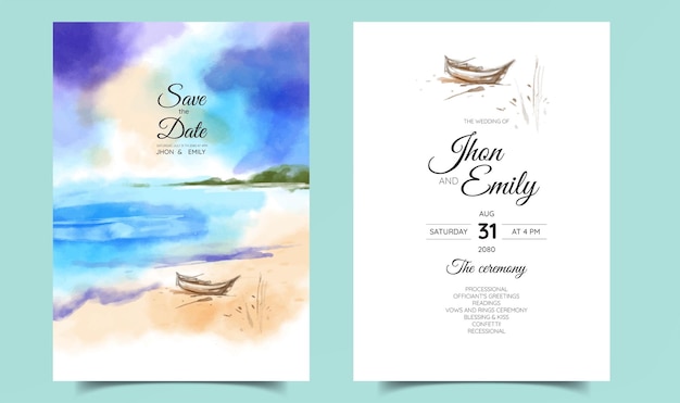 Romantische strand en visser aquarel achtergrond op huwelijksuitnodiging