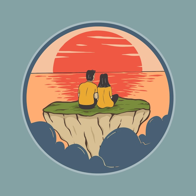 Vector romantische strand zonsondergang sticker vectorillustratie