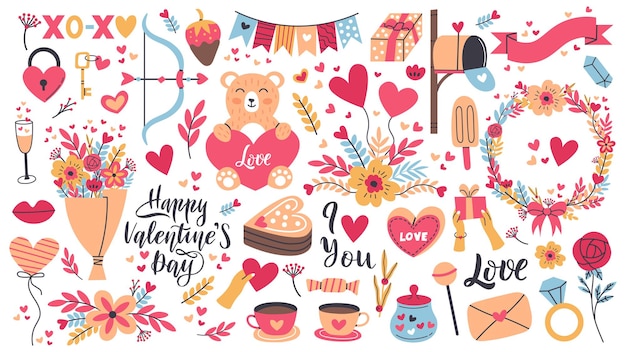 Romantische valentijnsdag stickers, hartvorm en liefdesbrief. valentijnsdag elementen, snoep, bloemen en geschenken vector illustratie set. leuke romantische vakantiestickers