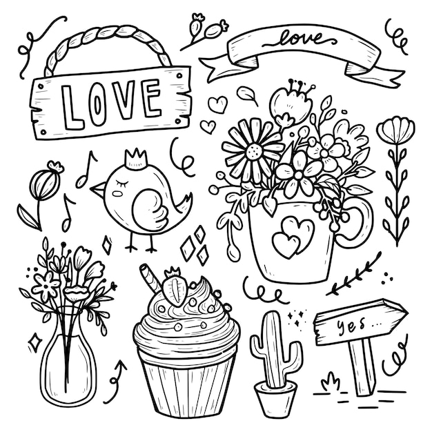 Romantische vintage bloem en vogel doodle collectie